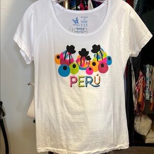 White and Black Short Sleeve Tee with Vibrant Graphic